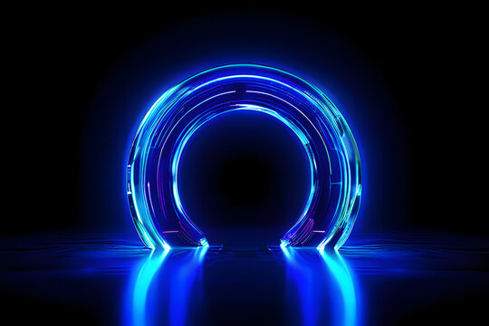 A circle of neon lights in a dark room pulsates with vibrant shades of pink, blue, and purple. The glowing circle creates a mesmerizing focal point, perfect for nightclubs, parties.