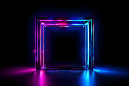 A circle of neon lights in a dark room pulsates with vibrant shades of pink, blue, and purple. The glowing circle creates a mesmerizing focal point, perfect for nightclubs, parties.