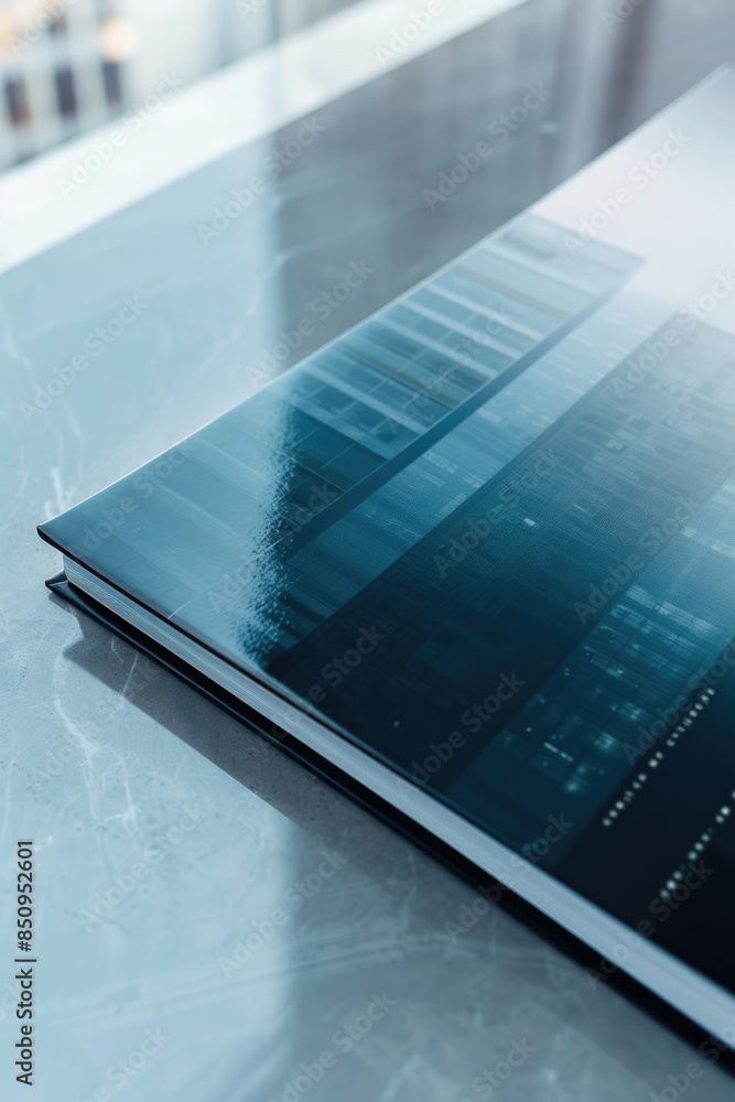Poster a tablet computer placed on a table with minimal background, suitable for use in educational or busi