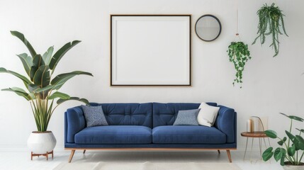 Frame mockup, Navy blue sofa in white living room.