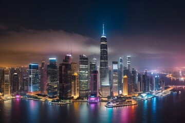 City Skyline with Skyscrapers at Night