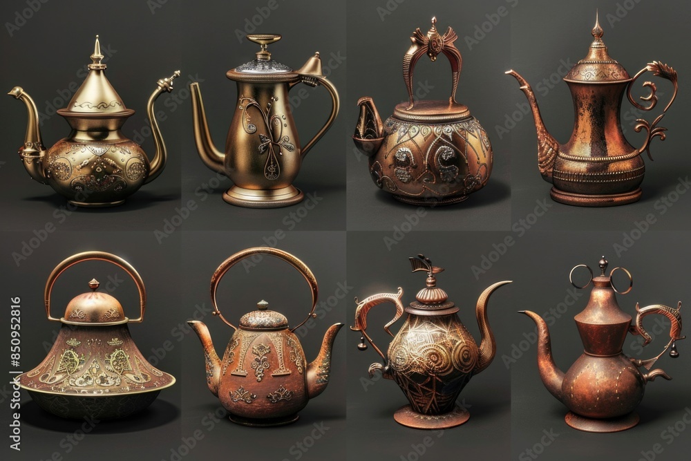 Poster a collection of unique teapots in different shapes and materials