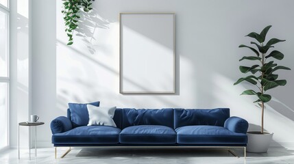 Frame mockup, Navy blue sofa in white living room.