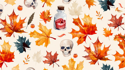 A watercolor painting of autumn leaves with skulls and a skull and crossbones