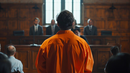 Fototapeta premium A man in an orange shirt stands in front of a judge and jury