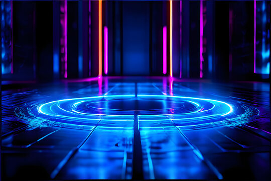 A circle of neon lights in a dark room pulsates with vibrant shades of pink, blue, and purple. The glowing circle creates a mesmerizing focal point, perfect for nightclubs, parties.