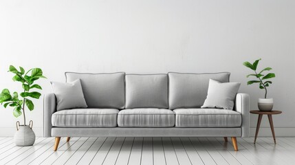Gray sofa in white living room.