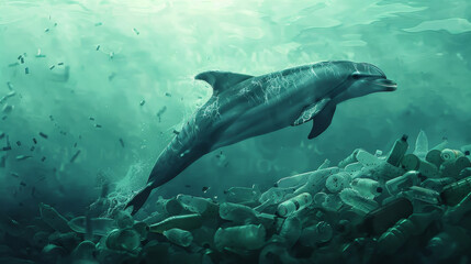 Naklejka premium A dolphin is swimming in the ocean with plastic bottles floating around it