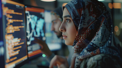 Fototapeta premium A woman wearing a blue and orange scarf is looking at a computer screen