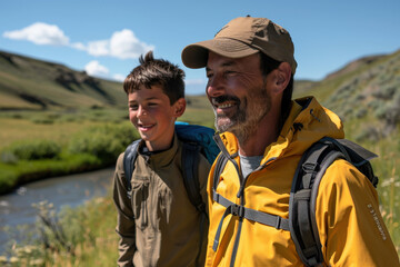 Fototapeta premium Father and Son Hiking in Sunny Mountain Landscape 