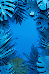 Blue tropical leaves and foliage plant in blue flat color background with space for text