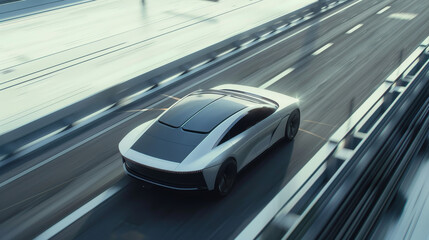 A futuristic car is driving down a highway