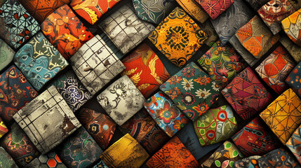A colorful patchwork of fabric squares with a variety of patterns and colors