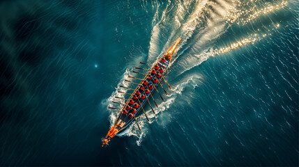 Team Rowing in a Traditional Boat, Dragon Boat Festival , Water Sports and Teamwork Concept