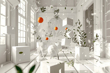 A white room with a lot of white boxes and a lot of orange objects. The orange objects are scattered around the room and some of them are floating in the air. Scene is chaotic and disorganized
