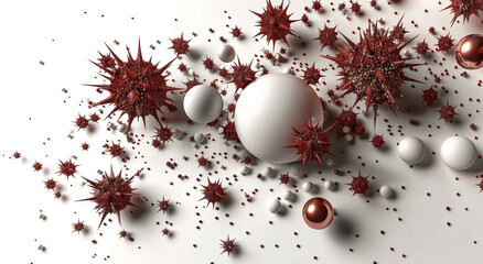 Fototapeta premium A white and red sphere surrounded by many red and white spheres. The image has a chaotic and disordered feel to it, with the red