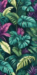 tropical, Leaves, Green, Yellow, Purple, Nature, Exotic, Lush, Vibrant, Plant, Jungle, Botanical, Decorative, Modern, Phone Wallpaper, plant, leaf, nature, leaves, flora, green, summer, plants, illust