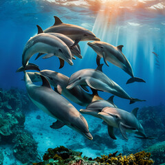 Fototapeta premium Group of Cute playful dolphin swimming gracefully. AI generative image.