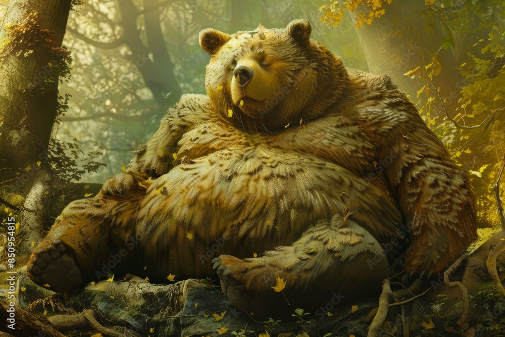 Poster Peaceful bear rests in a sunlit forest, exuding tranquility and harmony with nature