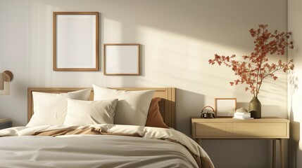 A comfortable hotel bedroom interior featuring a cozy bed, functional nightstand, and a mockup frame on the wall, providing guests with the opportunity to customize their surroundings.