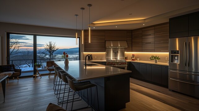 A cozy kitchen interior featuring a spacious bar island and cooking area bathed in natural light from a panoramic window, with modern appliances and sleek countertops.