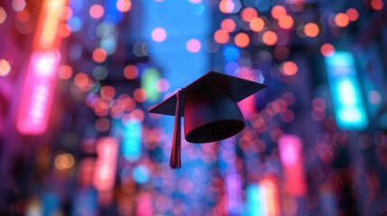 Graduation Cap Amid Vibrant City Lights in Nighttime Urban Scene