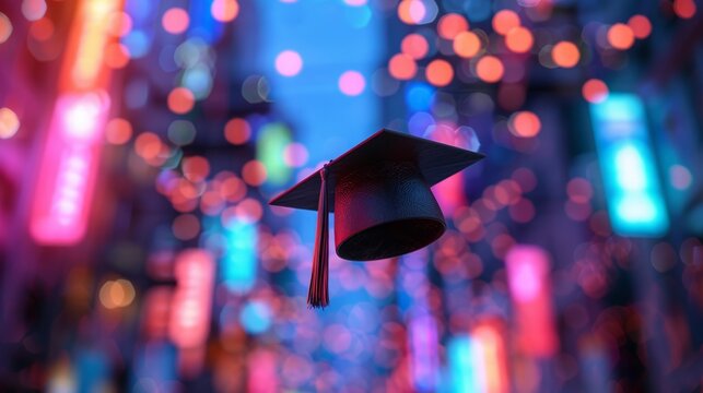 Graduation Cap Amid Vibrant City Lights in Nighttime Urban Scene