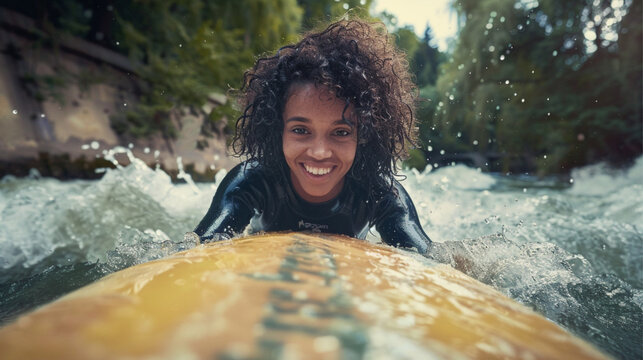 40 years old woman with curly hair, dark skin, standing on surf board and surfing at Eisbach, English Garten in Munich, happy face