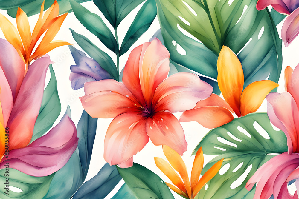 Wall mural a seamless pattern of colorful tropical flowers and leaves fills the frame. the background is white.