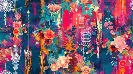 Vibrant Bohemian Birthday Party with Dreamcatcher Streamers Lanterns and Floral Arrangements in Impressionistic Style