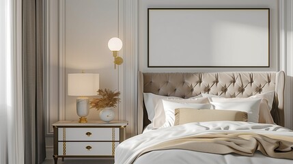 A serene hotel bedroom with a comfortable bed, elegant nightstand, and a blank mockup frame on the wall, providing guests with the opportunity to add their own personal touch to the space.