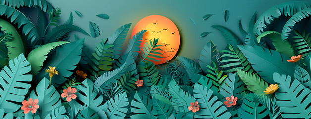 wide horizontal jungle illustration with layers of trees plants and leaves in green color tones and sun in yellow sky