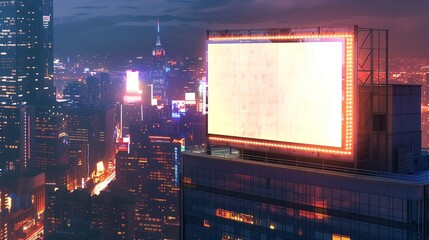 A twilight scene featuring an empty square billboard perched on the facade of a contemporary skyscraper, with city lights twinkling below and the vibrant glow of neon signs.