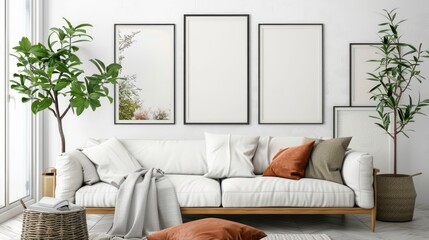 Mockup frames of various sizes on the wall of living room.