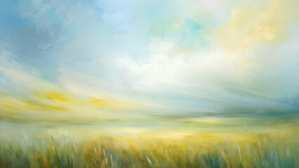 A serene abstract painting inspired by a meadow, with soft overlapping greens, yellows, and light blues.