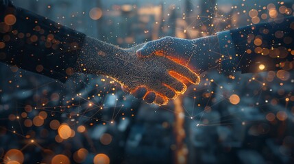 Cyber handshake depicting innovative networking, trust, and futuristic partnership. Highlights professional collaboration in a technologically advanced corporate setting.