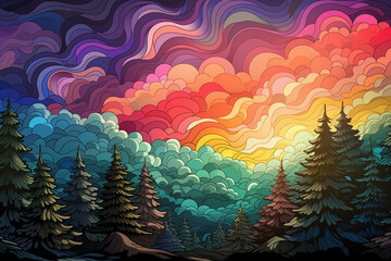 Fototapeta premium colored clouds. Rainbow sky over the forest. Drawing with rainbow colors