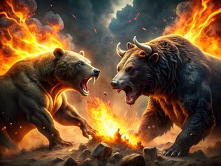Epic Battle Between A Bear And A Bull In The Middle Of A Fiery Forest.