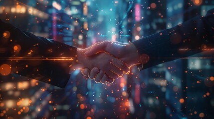 Graphical cyber handshake showcasing cutting-edge connectivity and innovative teamwork. Integrates elements of artificial intelligence cyber engineering, highlighting global, corporate partnerships.