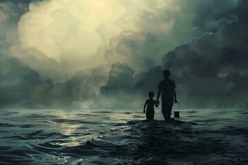 Obraz premium Two silhouettes stand against a cloudy dusk sky by the water, evoking a moody atmosphere