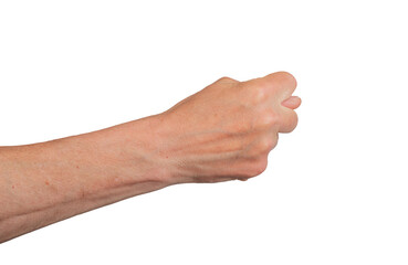 Fig sign, thumb gesture arm, hand symbol signal finger background. Hold close up isolated white. People person human man male dorsal back side view right. Caucasian skin reach, transparent cutout PNG