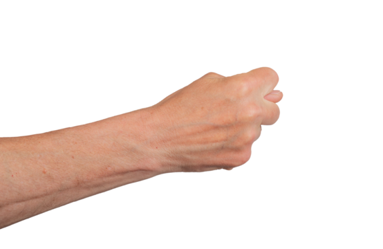 Fig sign, thumb gesture arm, hand symbol signal finger background. Hold close up isolated white. People person human man male dorsal back side view right. Caucasian skin reach, transparent cutout PNG