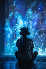 Obraz premium A solitary figure sits in a rain soaked at night, cyber punk colours, capturing themes of solitude and introspection relevant to mental health issues like depression and urban loneliness.