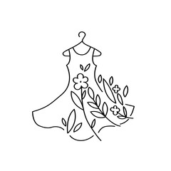 Logo for conscious clothing consumption. Emblem second hand and nature protection. Dress with leaves and flowers.