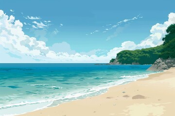 Seascape with Lush Green Cliff and Blue Sky