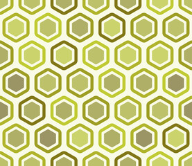 Seamless mosaic background with bold rounded hexagon cells, padding, and inner solid cells in green color tones. Large hexagon shapes in a tileable pattern.