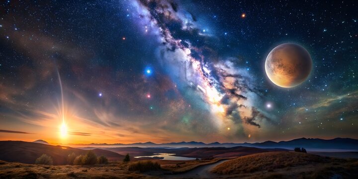 The Milky Way Stretches Across The Sky Above A Rural Landscape. A Bright Moon And Several Planets Are Also Visible.