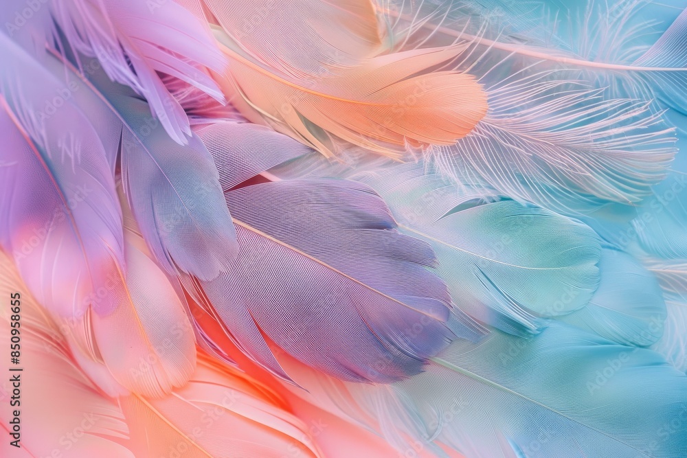 Poster beautiful closeup of colorful pastel feathers creating a soft and vibrant background texture, with a