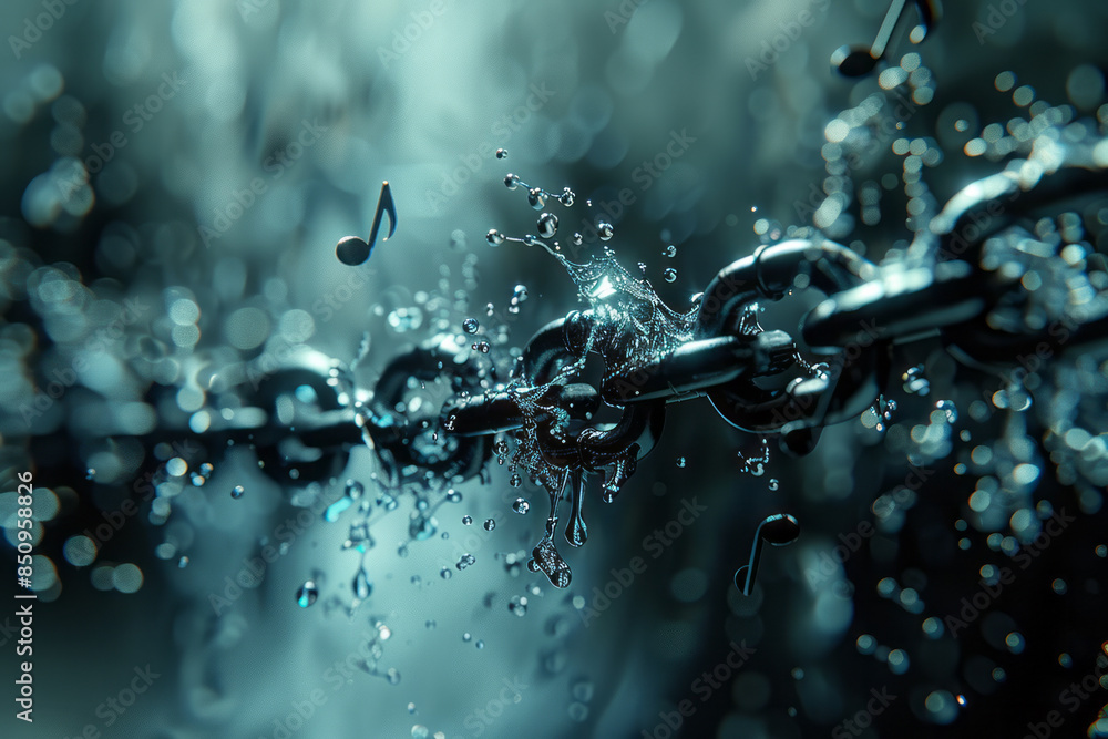 Poster design of chains dissolving into musical notes, floating on a minimalist background,