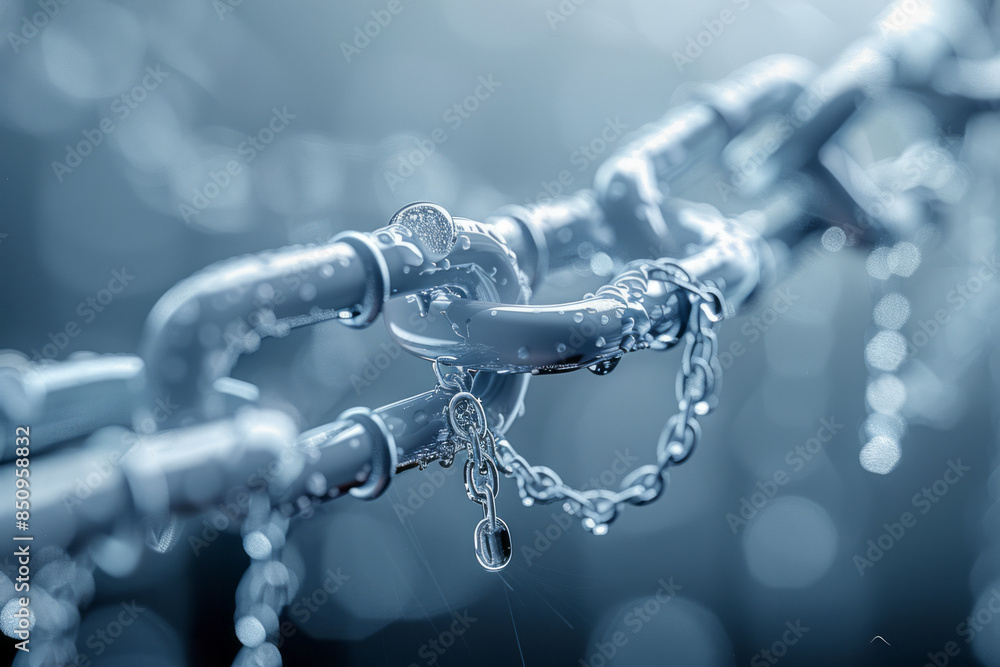 Poster design of chains dissolving into musical notes, floating on a minimalist background,